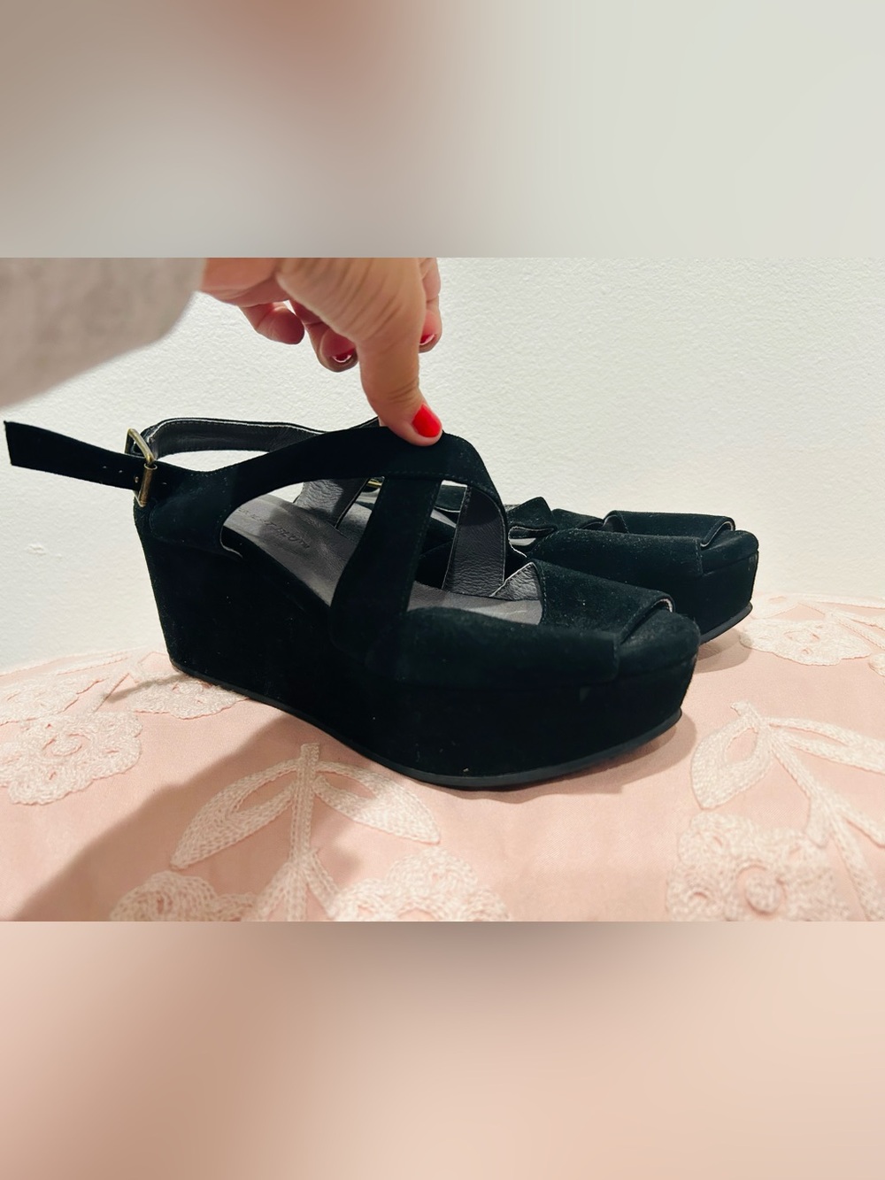 Chocolat Blu Black Suede Platform Wedge Sandals